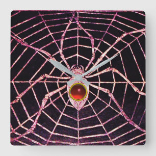 Horloge Carrée SPIDER ET WEB Rouge Ruby Gemstone Noir