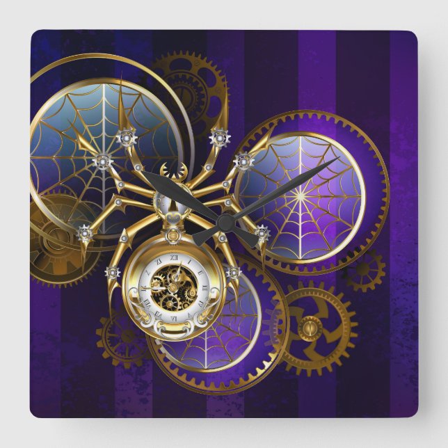 Horloge Carrée Spider Steampunk sur Arrière - plan pourpre (Recto)