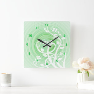 Horloge Carrée Spirales Pastel Vert, Filigree & Fleurs