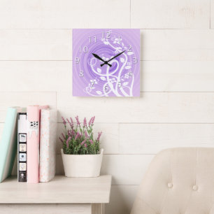 Horloge Carrée Spirales Pastel Violet, Filigree & Fleurs