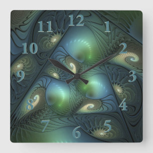 Horloge Carrée Spirales Turquoise Beige Vert Abstrait Fractal Art