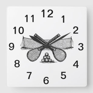 Horloge Carrée Sports Vintage Tennis Net, Raquettes Croisées, Bal