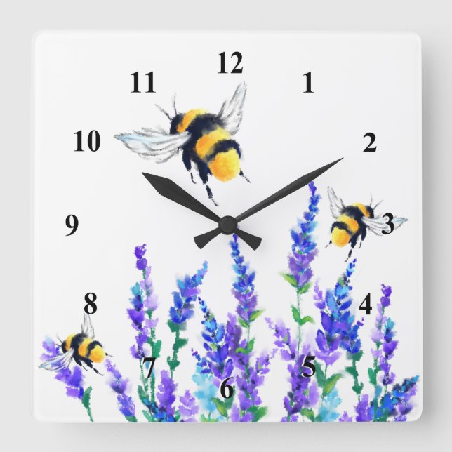 Horloge Carrée Spring Flowers and Bees Flying Wall Clock (Recto)