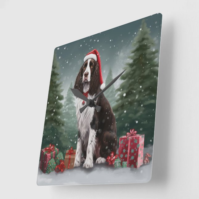 Horloge Carrée Springer Spaniel Chien dans la neige Noël (Angle)