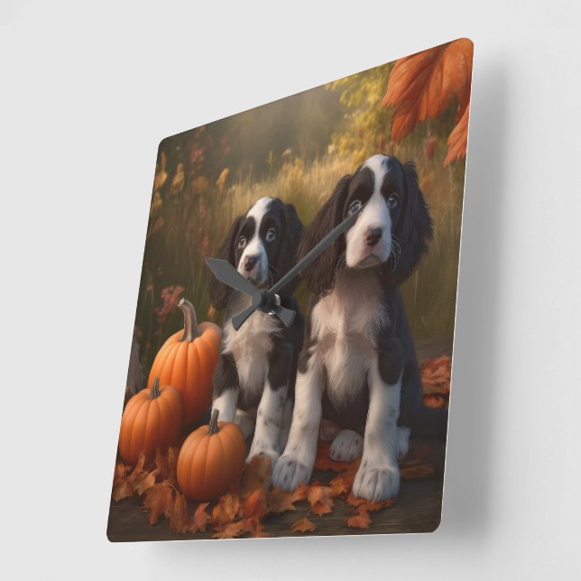 Horloge Carrée Springer Spaniel Chiot Automne Citrouille de plais (Angle)