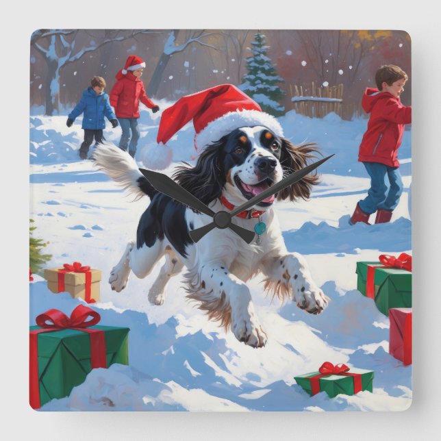 Horloge Carrée Springer Spaniel coule la neige avec le Casquette  (Recto)