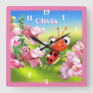 Horloge Carrée Square Nursery Clock Ladybug in the flower garden