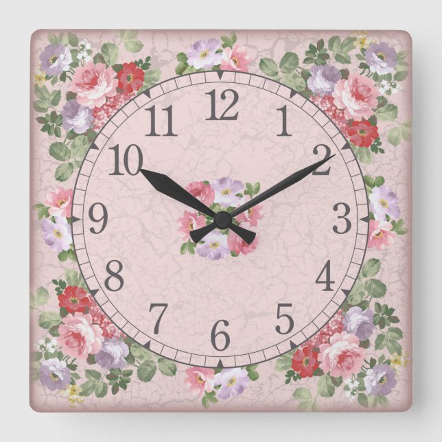 Horloge Carrée Square wall clock - floral design (Recto)