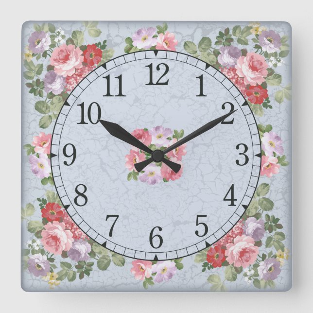 Horloge Carrée Square wall clock - floral design (Recto)
