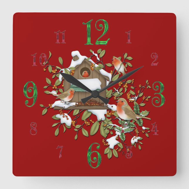 Horloge Carrée Square Winter Robin Bird House Wall Clock (Recto)
