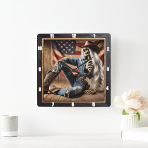Horloge Carrée Squelette élégant dans Western Attire American Dra