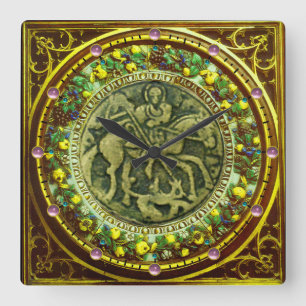 HORLOGE CARRÉE ST GEORGE, BRONZE DE DRAGON MÉDALLION FLORAL CROWN