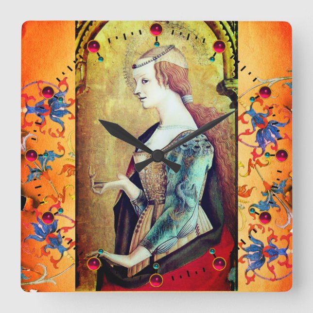 Horloge Carrée ST MARY MAGDALENE Orange Blue Floral Swirls (Recto)