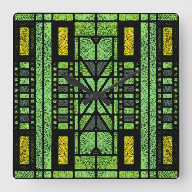 Horloge Carrée Stained Glass Art Deco en Green and Gold (Recto)