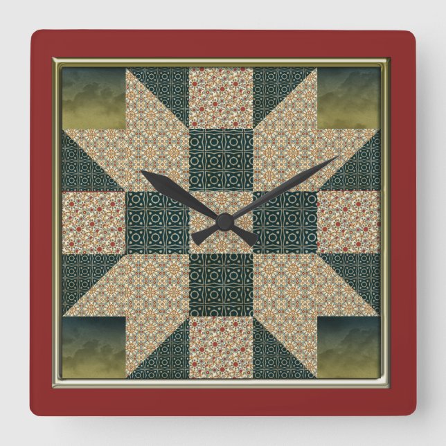 Horloge Carrée Star Patch Quilt Block Or & Green aucun numéro (Recto)