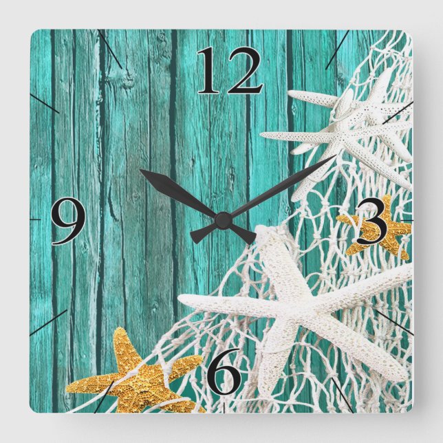 Horloge Carrée Starfish Netting Beach Wood aqua (Recto)