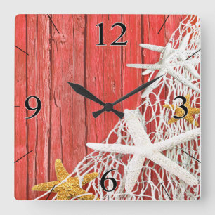 Horloge Carrée Starfish Netting Beach Wood coral