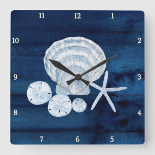 Horloge Carrée Starfish Sea Shells Beach Sand Dollar Bleu en blan