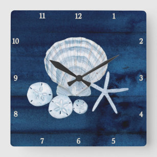 Horloge Carrée Starfish Sea Shells Beach Sand Dollar bleu n blanc
