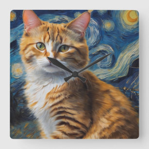 Horloge Carrée Starry Night Art with a Cat