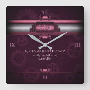 Horloge Carrée Steampunk, Coeurs et engrenages roses, Monogramme