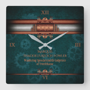 Horloge Carrée Steampunk, cuivre sur les cogs turquoises, Monogra