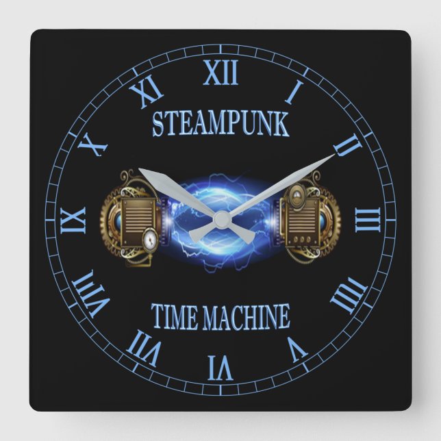 Horloge Carrée Steampunk ~ Electronic Blue Wave ~ Time Machine ~ (Recto)