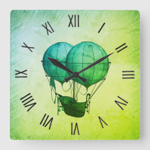 Horloge Carrée Steampunk Hot Air Balloons with Ship Green