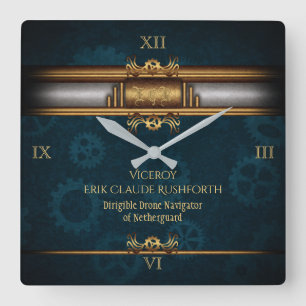 Horloge Carrée Steampunk, laiton sur des engrenages turquoises fo