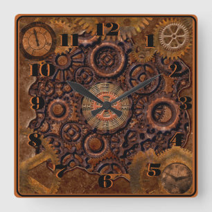 Horloge Carrée Steampunk noir, laiton, Brown