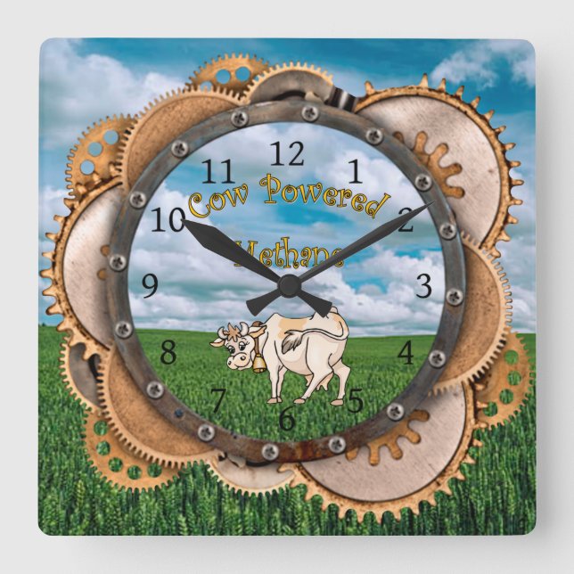 Horloge Carrée Steampunk ~ Pardon Mon méthane ~ Vache Powered (Recto)