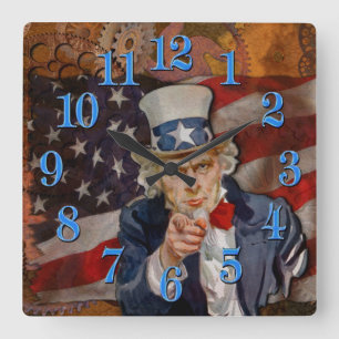 Horloge Carrée Steampunk Sam Patriotique US Drapeau Design