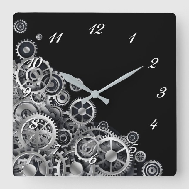 Horloge Carrée Steampunk Silver Gears Square Wall Clock (Recto)