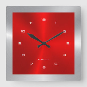 Horloge Carrée Steel Square Silver & Red & Metallic