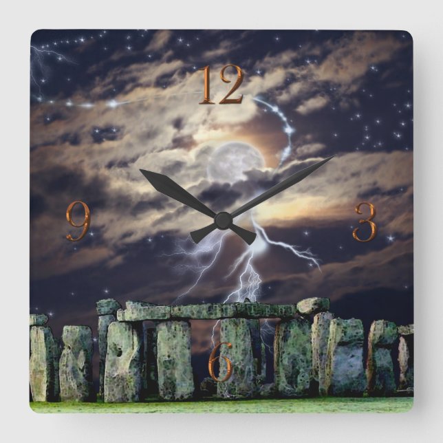 Horloge Carrée Stonehenge Standing Stones & Lune Imaginaire (Recto)