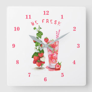 Horloge Carrée Strawberry Juice Cool Drink Fruits Wall Clock