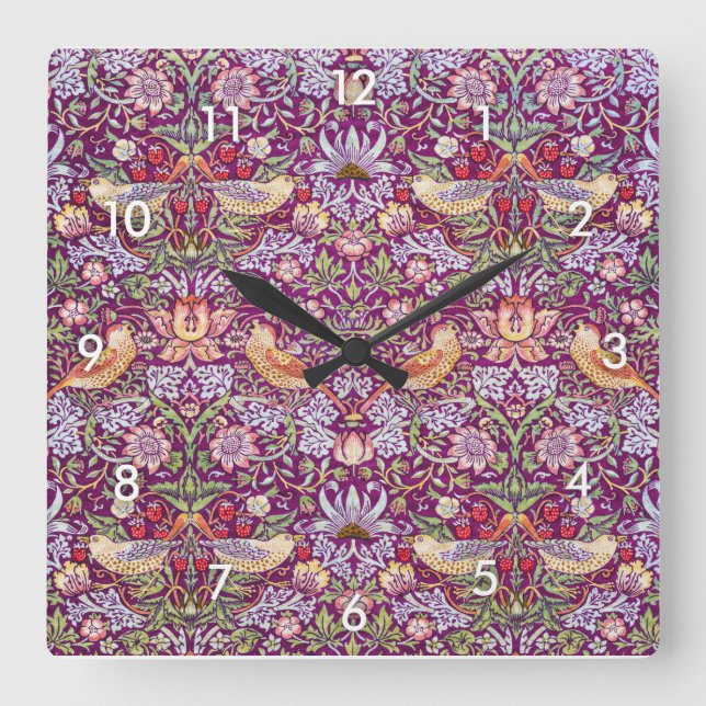 Horloge Carrée Strawberry Thief Red, William Morris (Recto)