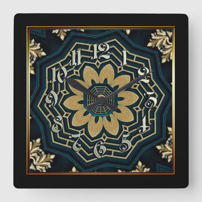 Horloge Carrée Style asiatique chic Gold & Green 2 (Recto)