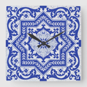 Horloge Carrée Style azulejo en céramique craquée bleue Azulejo V
