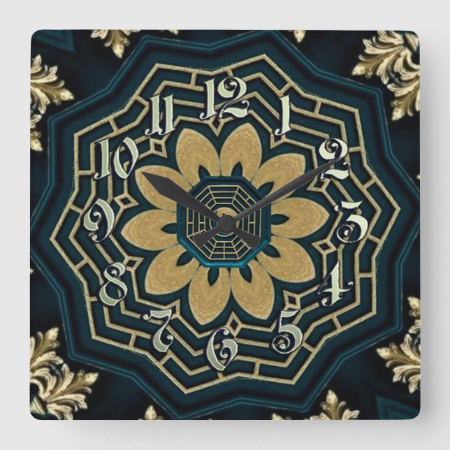 Horloge Carrée Style chic or et vert asiatique (Recto)