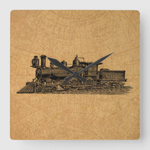 Horloge Carrée Style de carte et moteur à vapeur Vintage du train