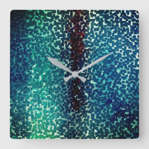Horloge Carrée Style mosaïque bleue cyanaise sur verre martelé gr