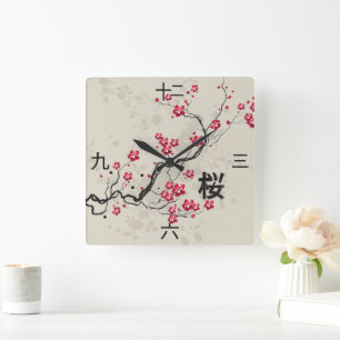 Horloge Carrée Style oriental Sakura art avec numéros de kanji