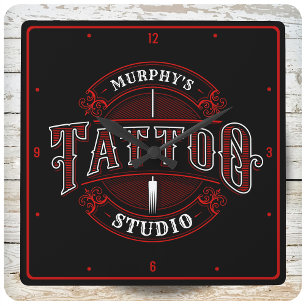 Horloge Carrée Style traditionnel AJOUTER LE NOM Tattoo Studio Sh