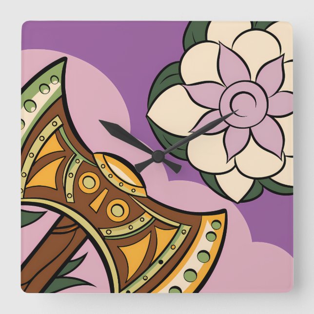 Horloge Carrée Stylized Axe and Flower Design (Recto)