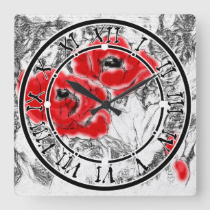 Horloge Carrée Stylo dessiné à la main des pavots rouges fleurs f