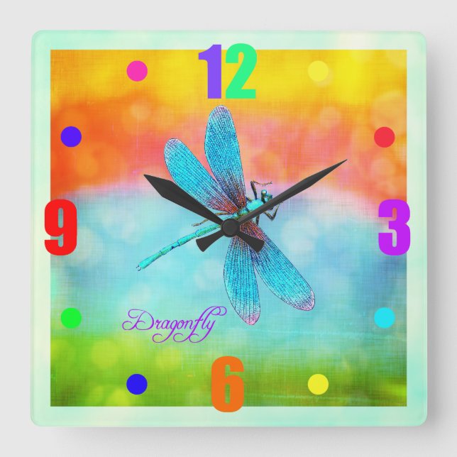 Horloge Carrée Submmer Dragonfly Rainbow Bright Decorative (Recto)