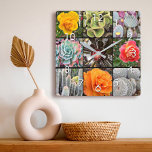 Horloge Carrée Succulent cactus rose collage de fleurs photo desi<br><div class="desc">Brillamment rouge, jaune et orange roses et vert luxuriant, aqua et cactus noirs crient chauds, les jours d'été. Profitez des fleurs et de l'atmosphère paisible d'un jardin animé chaque fois que vous regardez l'heure sur cette étonnante horloge murale de photographie graphique. Fait un grand cadeau de ménage! Vous pouvez facilement...</div>