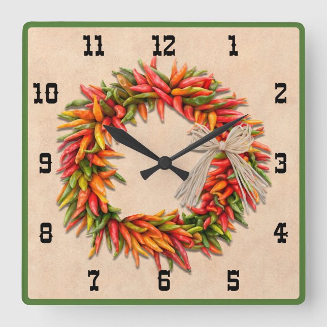 Horloge Carrée Sud-Ouest Chili Ristra Wreath Western Style Numéro (Recto)