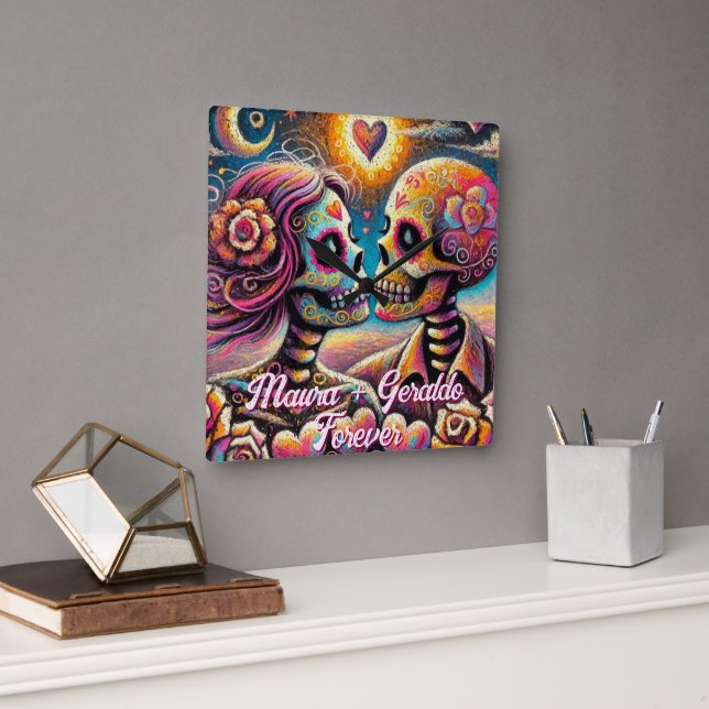 Horloge Carrée Sugar Skulls in Love Chalk Pastel Personalized (Bureau)